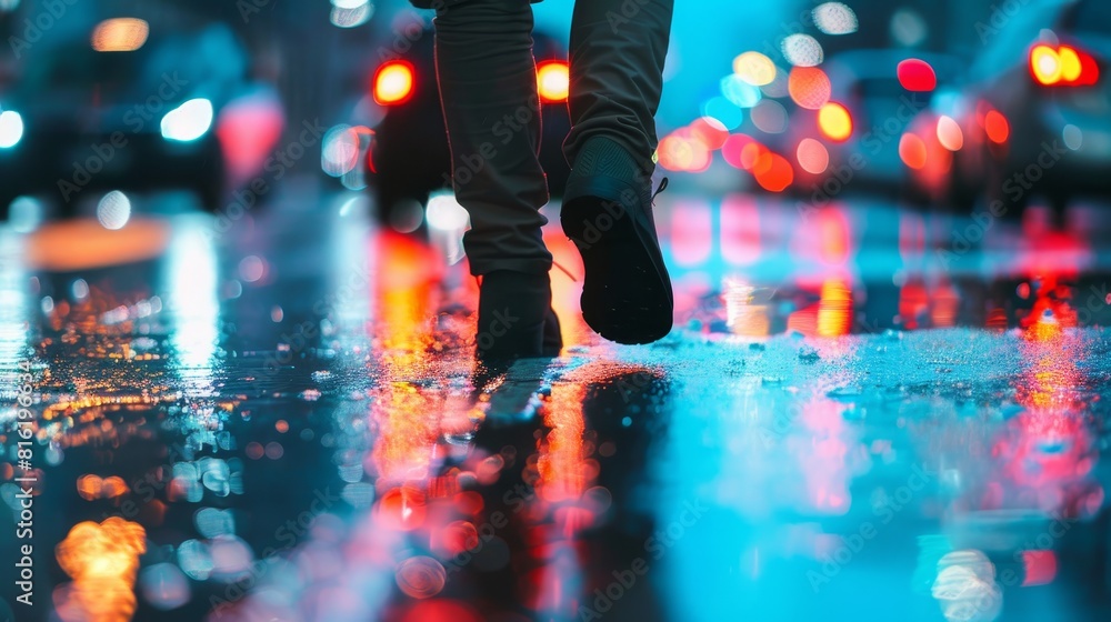 Fototapeta premium Close up of a man feet walking on a wet road in the rain