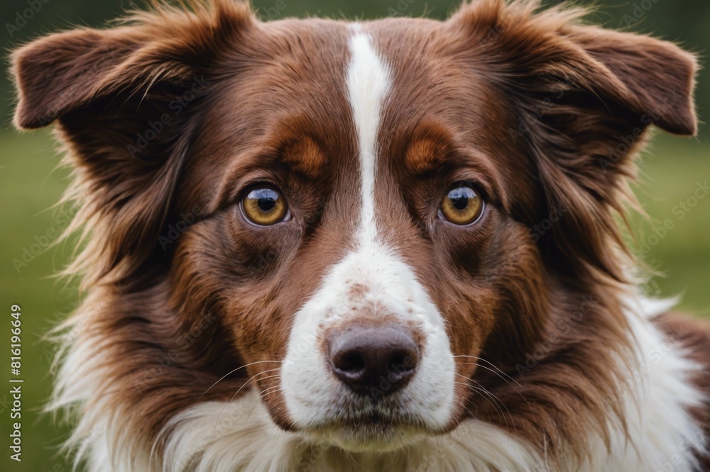 Brown border collie head detial. Dog eyes close up. Animal innocent look