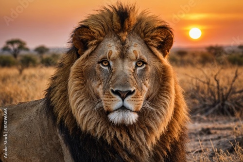 Male lion portrait at sunset. Detailed face. Panthera leo. Wildlife of Africa. Tanzania