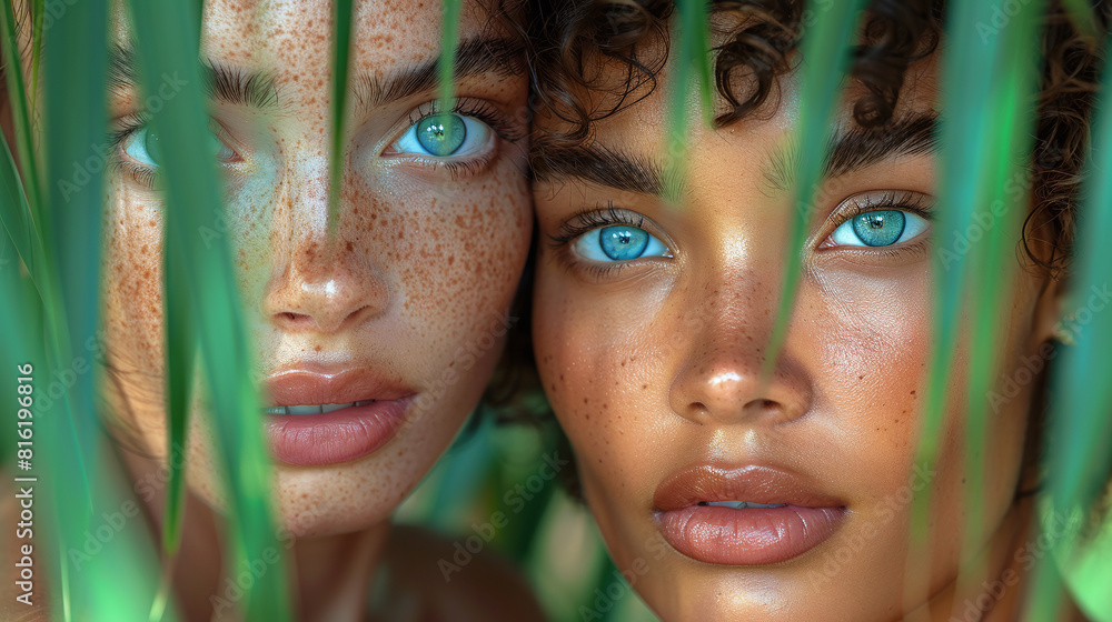 Obraz premium close-up fashion commercial photography of young beautiful sun-kissed women with blue eyes in nature, green environmental beauty campaign