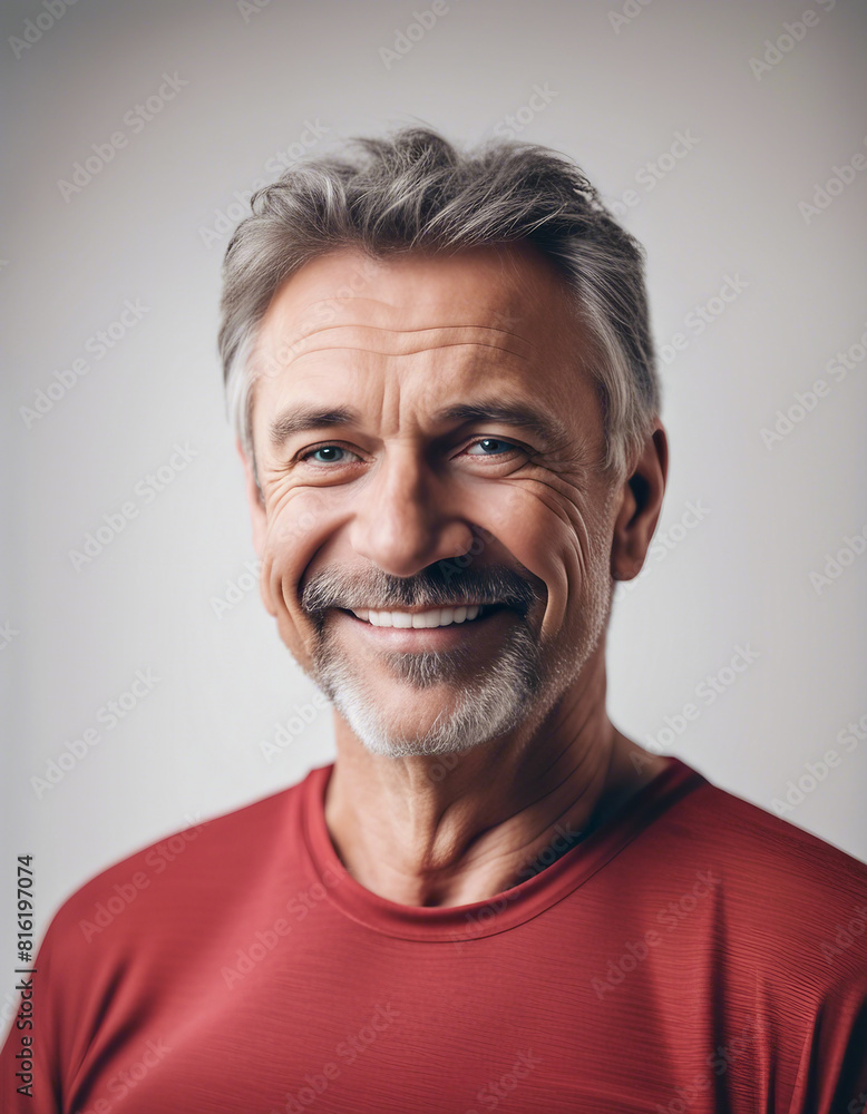 Portrait of a smiling middle age man with red tshirt standing against white background
Portrait of a smiling middle age man with red tshirt standing against white background