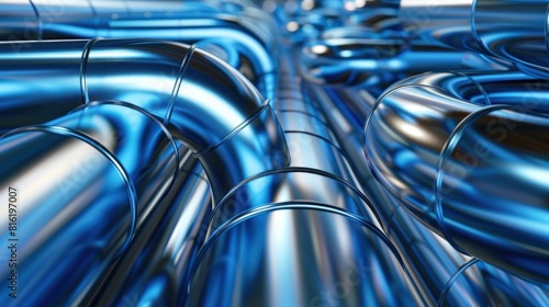 Metal blue curved pipes as an industrial concept background for a web page, template or web banner