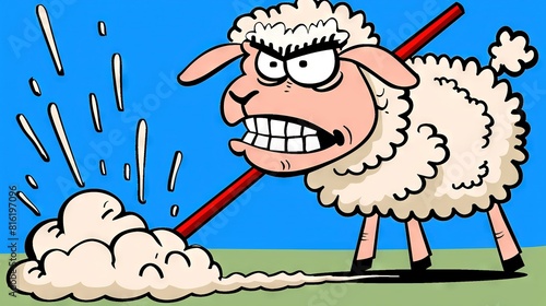  A sheep with a stick in its mouth and smoke billowing from its nostrils