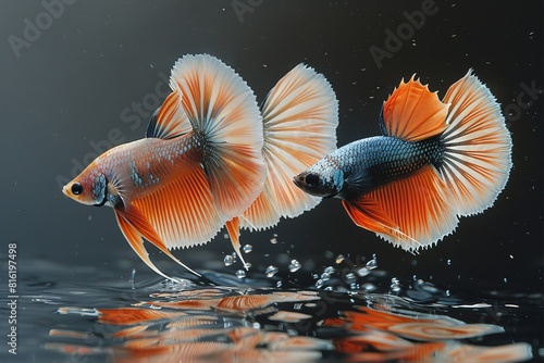 Siamese Fighting Fish (Betta splendens) in aggressive postures, capturing dynamic movement. 