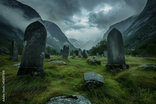 Eerie ancient cemetery with misty mountain backdrop under a cloudy sky