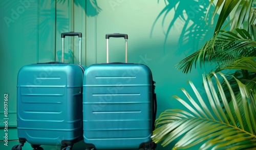 Suitcases on blue background with tropical palm leaves. Travel luggage ready for holiday. Concept of vacation, travel gear, tropical destination, journey preparation