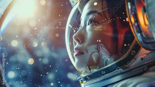 Asian female astronaut looking away through space helmet on a sunny day photo