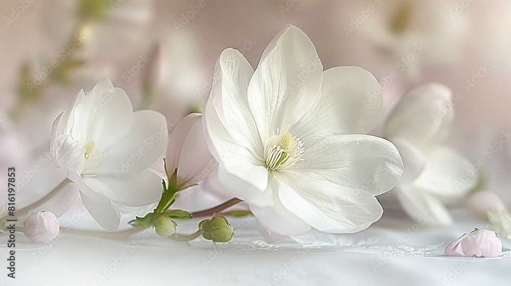 White flowers on white sheets and tablecloth White flowers on white sheets and tablecloth