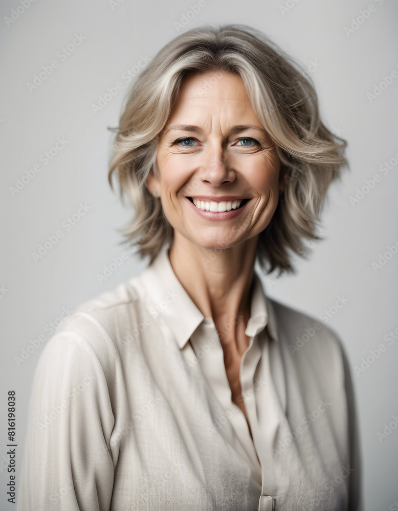 Portrait of a smiling middle-aged woman standing against white background
