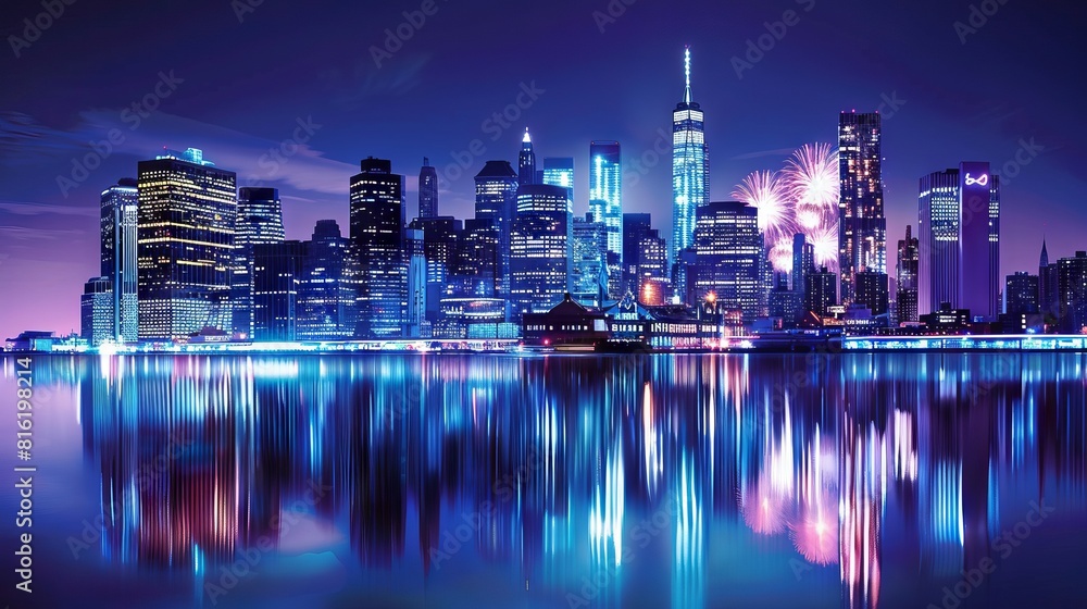 Manhattan Skyline, Statue of Liberty fireworks at night, New York