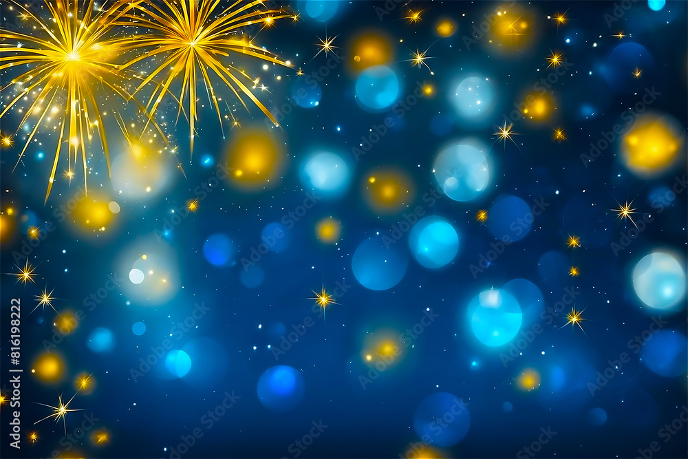 Golden Fireworks Burst and Sparkling Bokeh Lights Against Deep Blue Sky, Celebratory Atmosphere Background