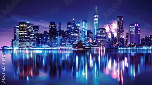 Manhattan Skyline, Statue of Liberty fireworks at night, New York © Jalal