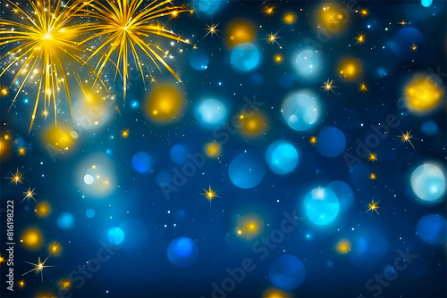 Golden Fireworks Burst and Sparkling Bokeh Lights Against Deep Blue Sky, Celebratory Atmosphere Background