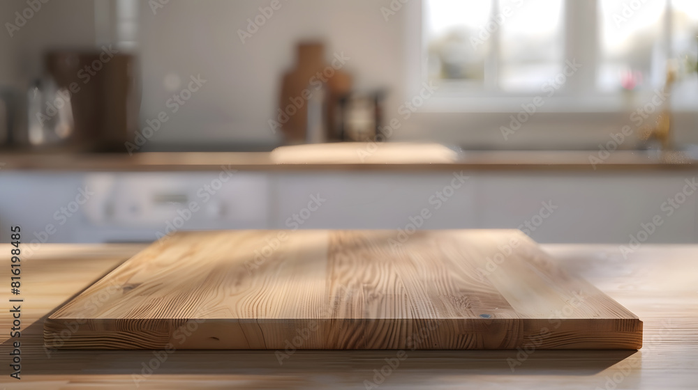 Selective focusEnd grain wood counter top with cutting board on blur kitchen in morning window backgroundFor montage product display or design key visual : Generative AI Selective focusEnd grain wood counter top with cutting board on blur kitchen in morning window backgroundFor montage product display or design key visual : Generative AI