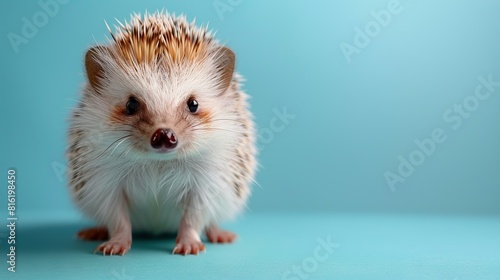   A detailed image of a tiny rodent against a blue backdrop, featuring a hazy expression on its face photo
