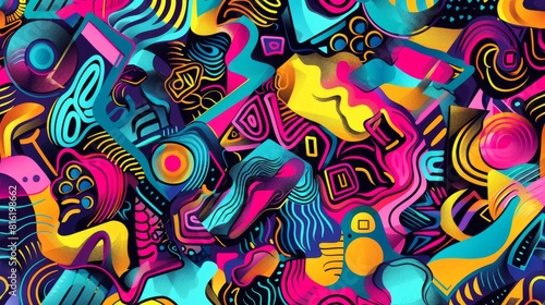 Multi vivid color seamless pattern from patches with geometric animated background. 