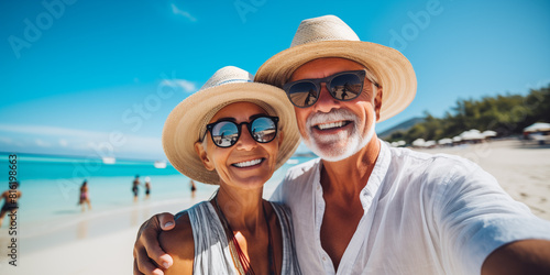 Feliz pareja de ancianos turistas tomando fotos selfie para su blog de viajes en las playas de Tailandia, Phuket y krabi. Viajes y aventuras por el mundo. 