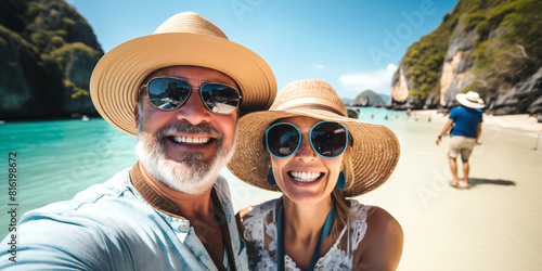 Feliz pareja de ancianos turistas tomando fotos selfie para su blog de viajes en las playas de Tailandia, Phuket y krabi.
Viajes y aventuras por el mundo.
