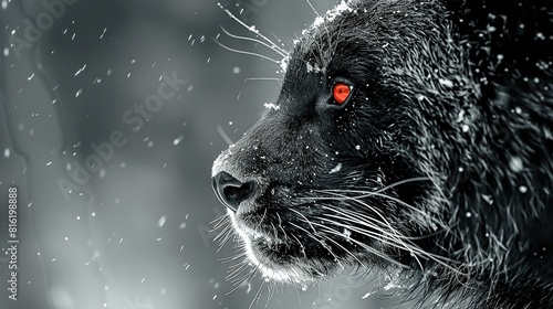  A close-up image of a monochrome creature with red orbs and snowflakes on its fur