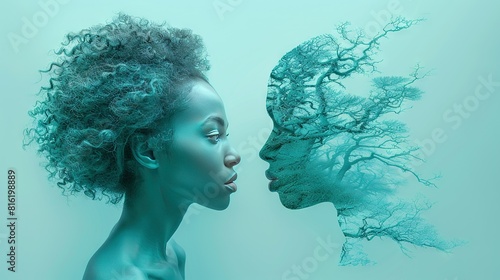   A woman and man confront each other with tree-shaped head silhouettes against a blue backdrop photo