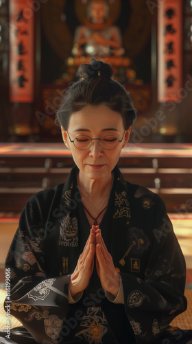 Traditional Japanese woman praying in temple