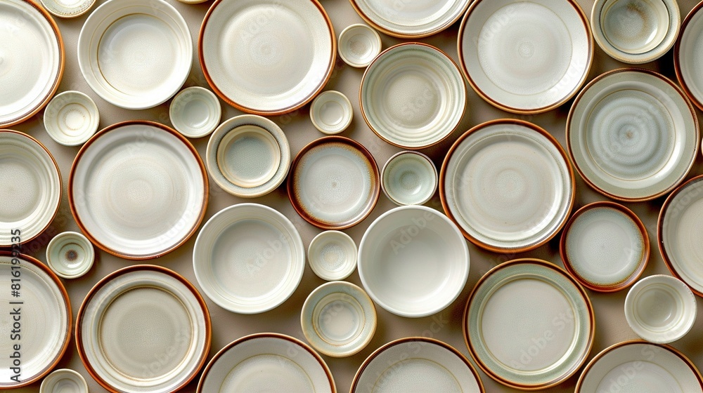 A stack of white and brown plates balanced on a wall of alternating colors A stack of white and brown plates balanced on a wall of alternating colors