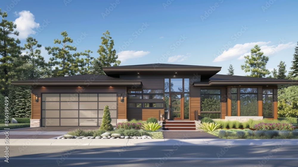 New construction home exterior with contemporary house plan features low pitched roof, brown siding and glass garage door