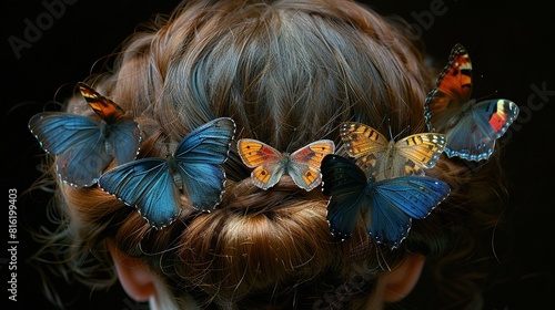   A zoomed-in photo of a lady's face with numerous butterflies affixed to her hairline at the back photo