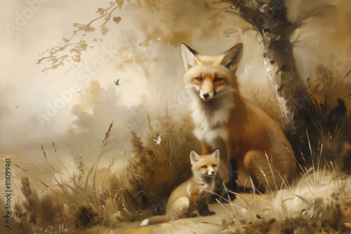 Vintage Fox with Pups: Muted Oil Painting