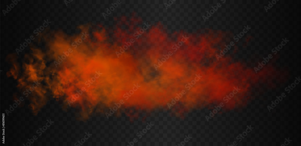 Orange and red vibrant gradient futuristic colorful smoke cloud. Vector realistic magic color haze isolated on the semi transparent dark background