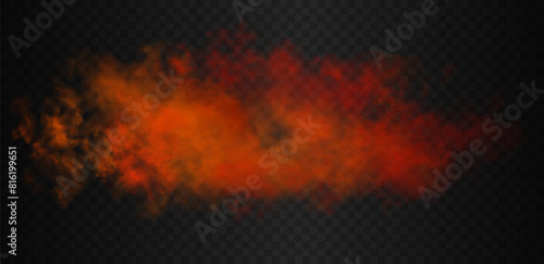 Orange and red vibrant gradient futuristic colorful smoke cloud. Vector realistic magic color haze isolated on the semi transparent dark background