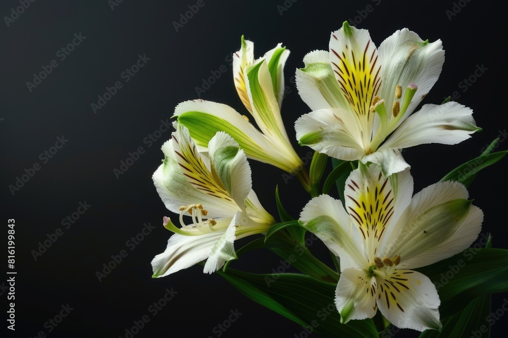 Obraz premium Flowers on Black. Alstroemeria Flowers on Black Background, Isolated Beauty in Black and White