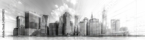 Black and white illustration of a modern cityscape with tall buildings and skyscrapers  done in sketch style