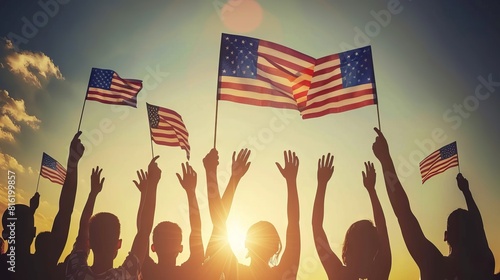 Patriotic holiday. Silhouettes of people holding the USA Flag. America celebrates the 4th of July. photo