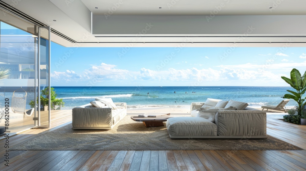 Fototapeta premium House View. Luxury Beach Living with Modern Interior Design and Sea View