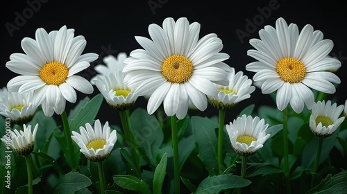   A group of white flowers with yellow centers surrounded by a sea of green grass and leaves against a dark backdrop