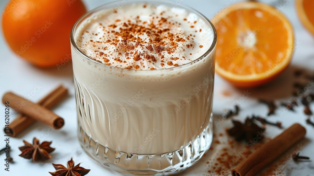A drink is adorned with cinnamon & star anise on a white table, near oranges & cinnamon sticks A drink is adorned with cinnamon & star anise on a white table, near oranges & cinnamon sticks