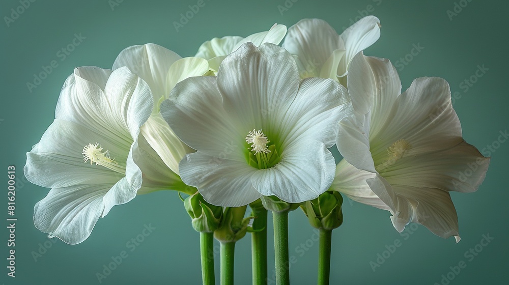 White flowers in a vase on a teal-green table with a green wall as background White flowers in a vase on a teal-green table with a green wall as background