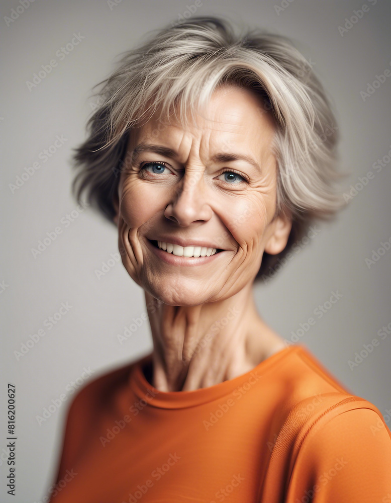Portrait of a smiling middle-aged woman with orange tshirt standing against white background
Portrait of a smiling middle-aged woman with orange tshirt standing against white background