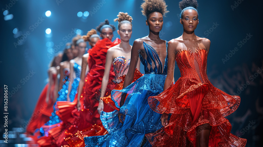Fototapeta premium photography of diverse race women in runway show showcasing red, orange and blue colorful outfits