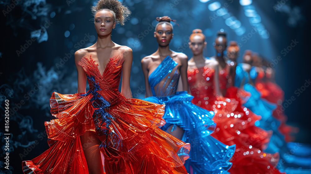 Fototapeta premium photography of diverse race women in runway show showcasing red, orange and blue colorful outfits