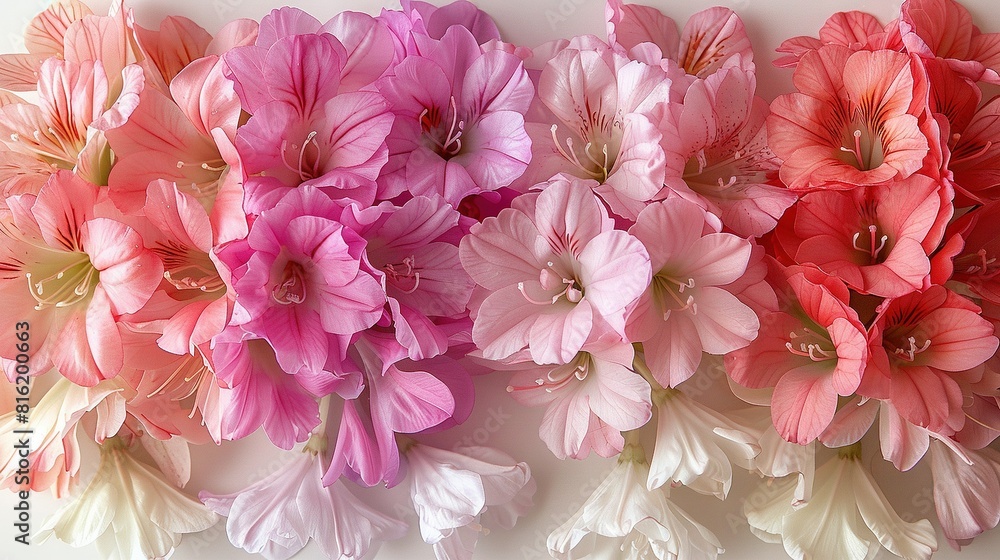   A collection of pink and white blossoms adjoins on a pure background, featuring two pink blooms at center