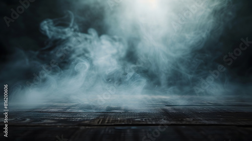 Fog In Darkness Smoke And Mist On Wooden Table Abstract And Defocused Halloween Backdrop : Generative AI