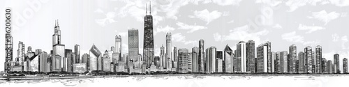 Drawing Of City. Panoramic Chicago Skyline Hand drawn in Detailed Ink Black and White