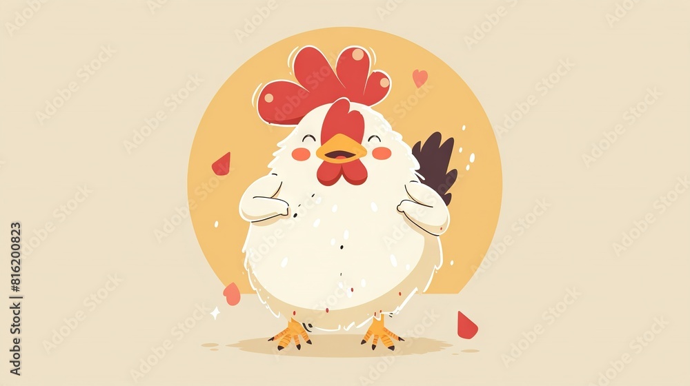 A white chicken with a red comb, standing before a yellow circle with hearts on its face A white chicken with a red comb, standing before a yellow circle with hearts on its face