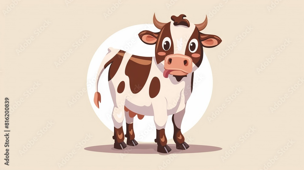 A cow with a cartoonish expression stands in front of a white circle, its fur appearing brown and white A cow with a cartoonish expression stands in front of a white circle, its fur appearing brown and white