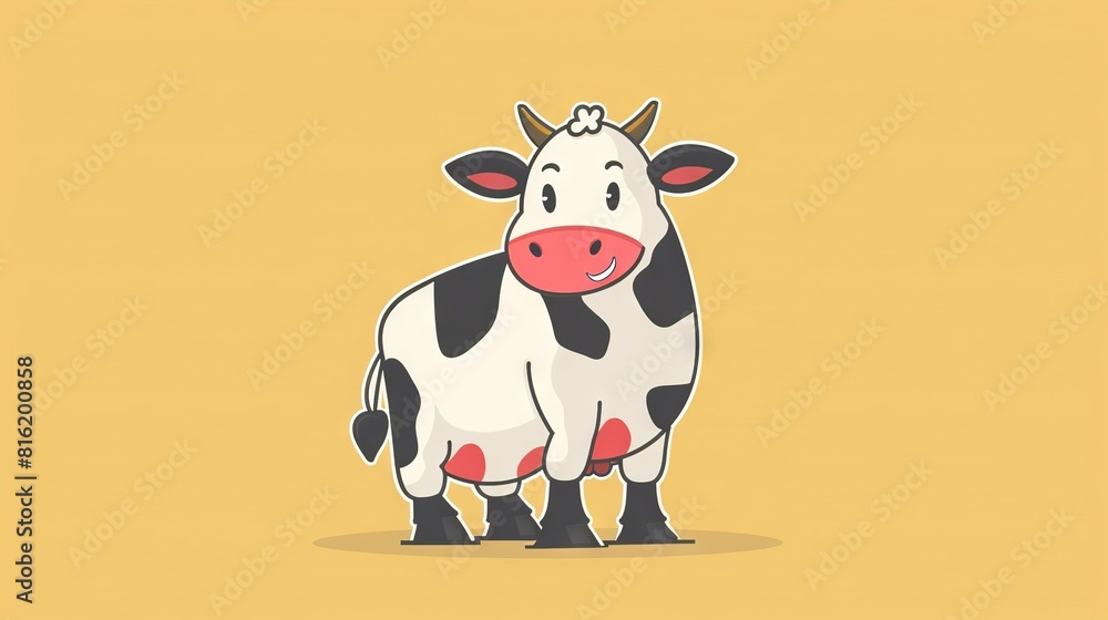 A cow with a red spot on its head, standing against a yellow background A cow with a red spot on its head, standing against a yellow background