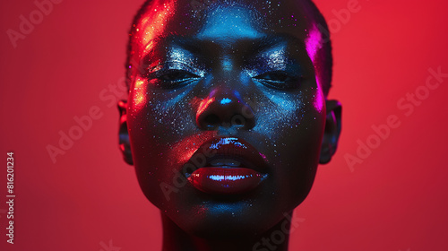 close-up studio photography of short hair black man with turgent lips wearing glitter makeup, on red background, gay pride photo