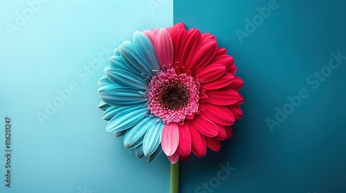   A pink and blue flower rests on a blue-pink wall, alongside a green stalk bearing a pink center