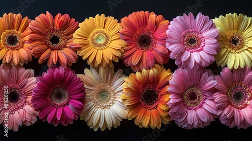   A group of vibrant blooms arranged on a dark surface against a black backdrop